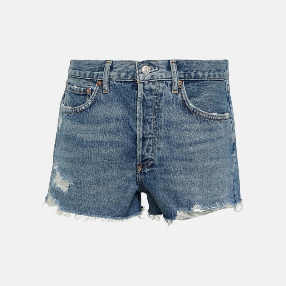 Agolde Blue Distressed High-Waist Denim Shorts